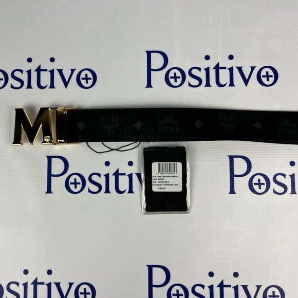 MCM Mens Claus Gold M Buckle Black Leather Reversible Belt Customizable - Picture 3 of 7